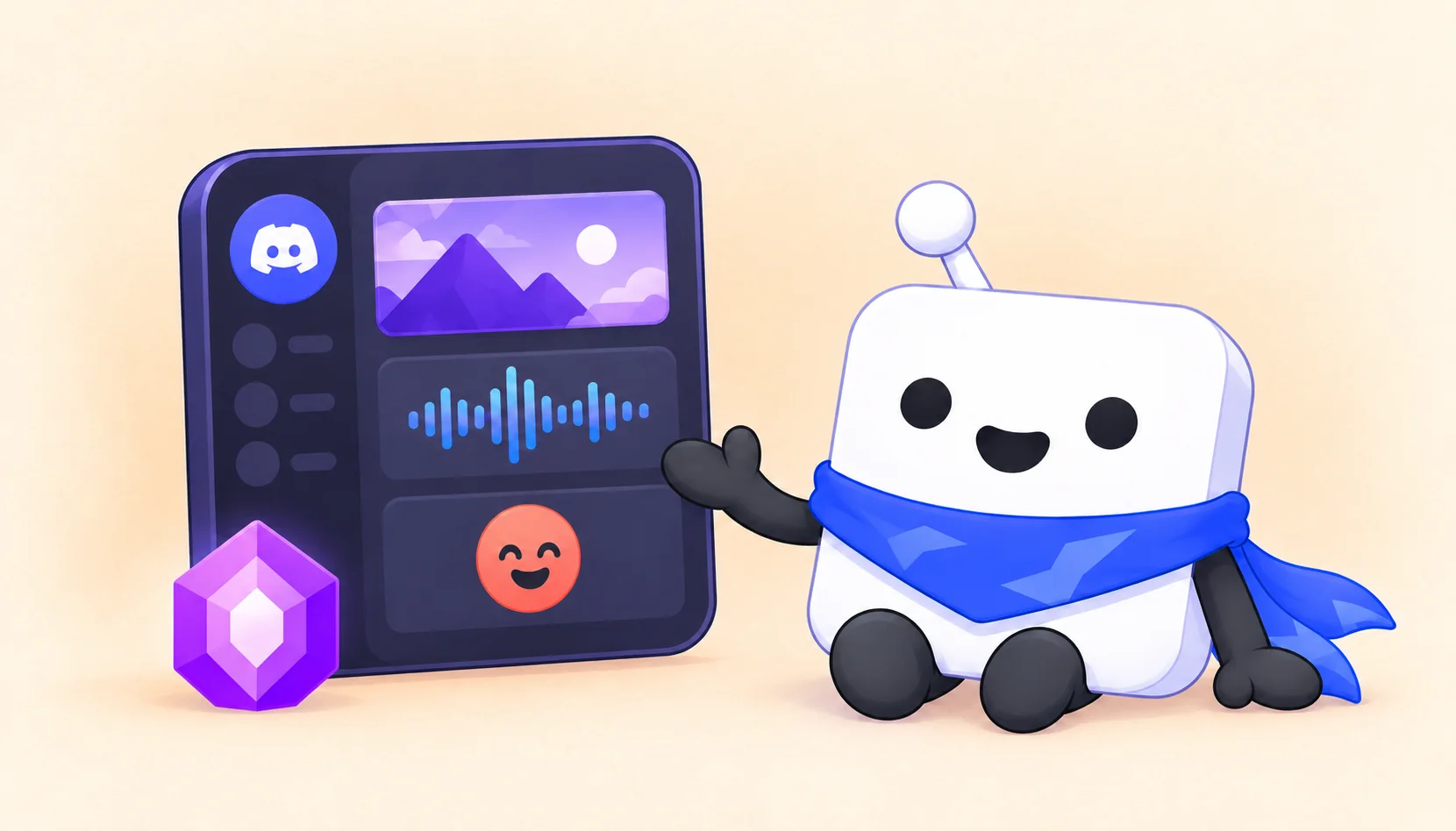 Boostly mascot presenting server banner, audio and emoji features