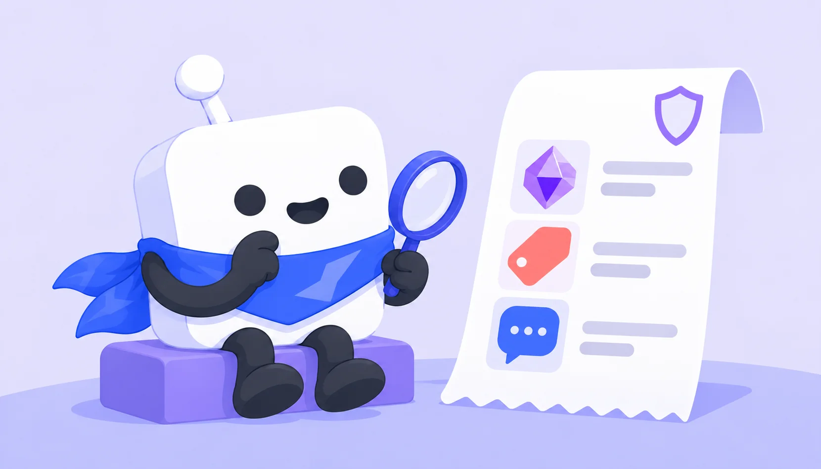 Boostly mascot inspecting a purchase receipt with a magnifying glass